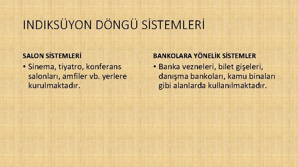 INDIKSÜYON DÖNGÜ SİSTEMLERİ SALON SİSTEMLERİ BANKOLARA YÖNELİK SİSTEMLER • Sinema, tiyatro, konferans salonları, amfiler