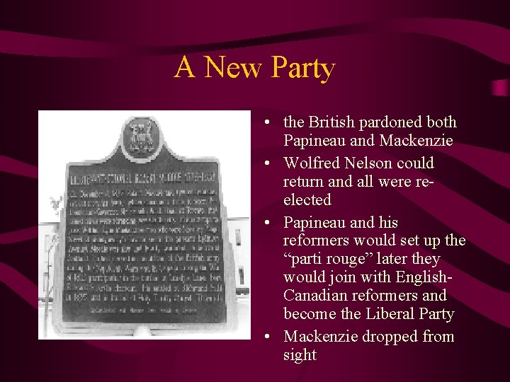 A New Party • the British pardoned both Papineau and Mackenzie • Wolfred Nelson