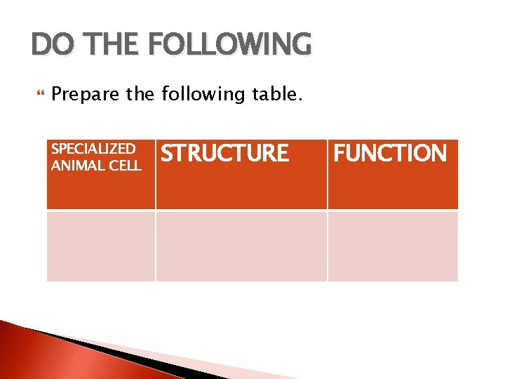 DO THE FOLLOWING Prepare the following table. SPECIALIZED ANIMAL CELL STRUCTURE FUNCTION 