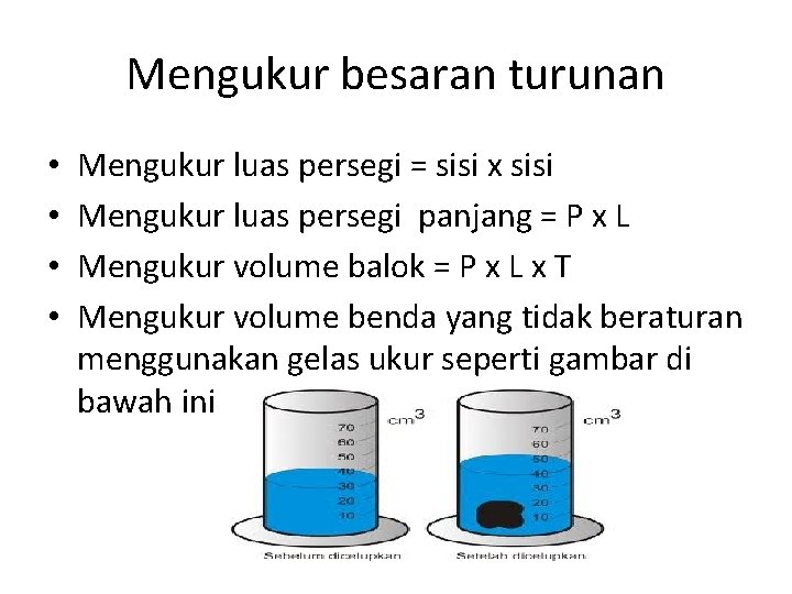 Mengukur besaran turunan • • Mengukur luas persegi = sisi x sisi Mengukur luas