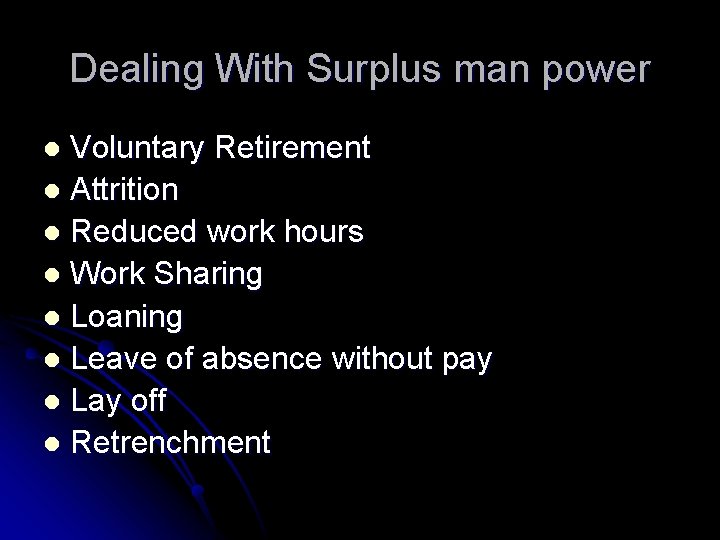 Dealing With Surplus man power Voluntary Retirement l Attrition l Reduced work hours l