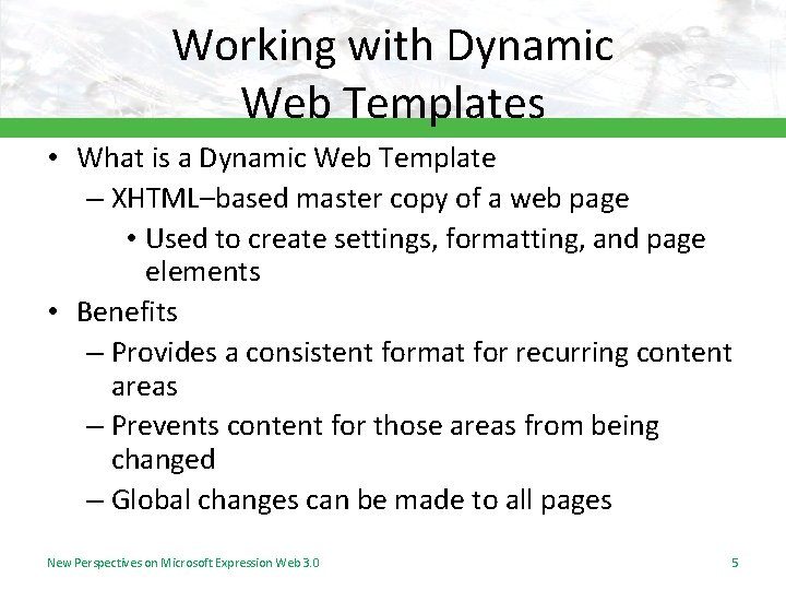 Working with Dynamic Web Templates • What is a Dynamic Web Template – XHTML–based