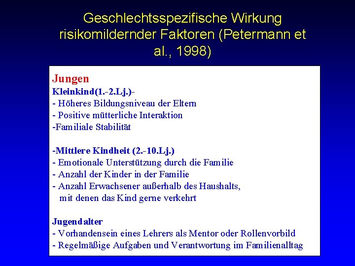 Geschlechtsspezifische Wirkung risikomildernder Faktoren (Petermann et al. , 1998) Jungen Kleinkind(1. -2. Lj. )-