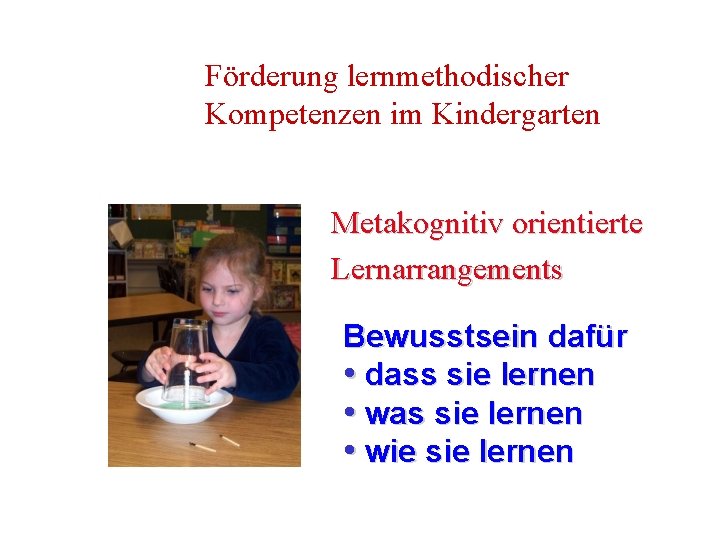 Förderung lernmethodischer Kompetenzen im Kindergarten Metakognitiv orientierte Lernarrangements Bewusstsein dafür • dass sie lernen