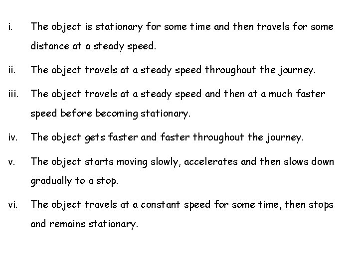 i. The object is stationary for some time and then travels for some distance
