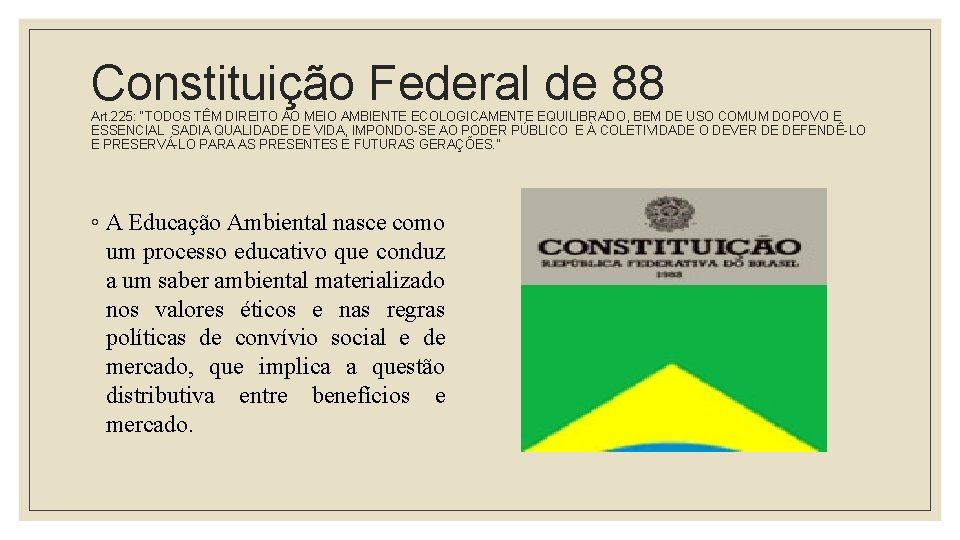 Constituição Federal de 88 Art. 225: “TODOS TÊM DIREITO AO MEIO AMBIENTE ECOLOGICAMENTE EQUILIBRADO,