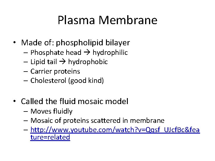 Plasma Membrane • Made of: phospholipid bilayer – Phosphate head hydrophilic – Lipid tail