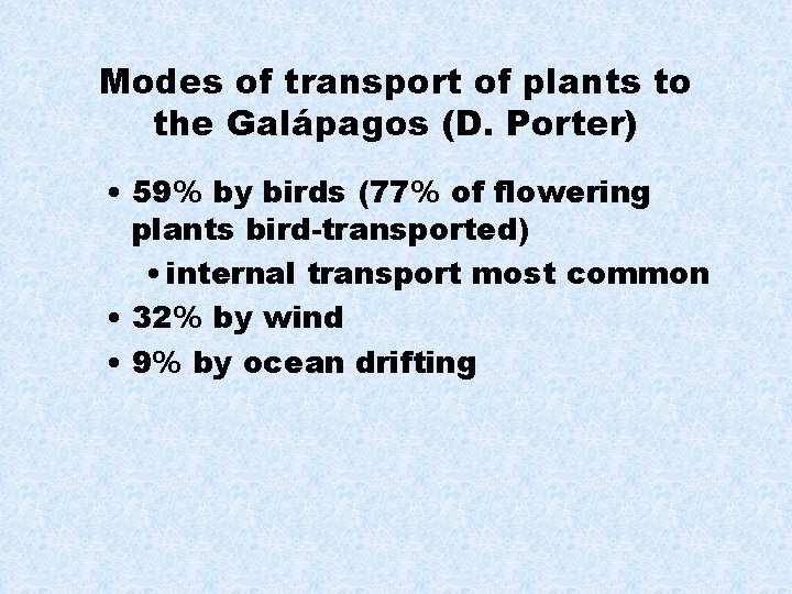 Modes of transport of plants to the Galápagos (D. Porter) • 59% by birds