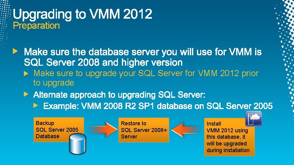 Preparation Make sure to upgrade your SQL Server for VMM 2012 prior to upgrade