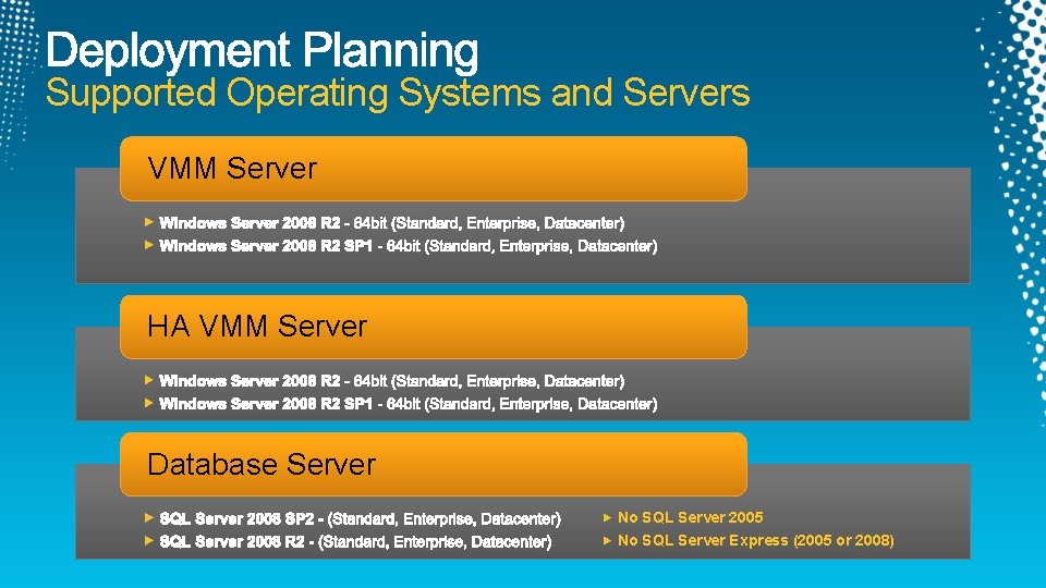 Supported Operating Systems and Servers VMM Server HA VMM Server Database Server No SQL