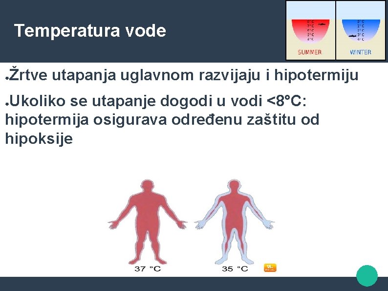 Temperatura vode ● Žrtve utapanja uglavnom razvijaju i hipotermiju Ukoliko se utapanje dogodi u