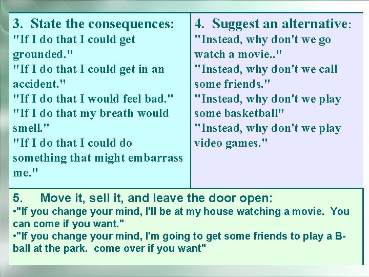 3. State the consequences: 4. Suggest an alternative: "If I do that I could