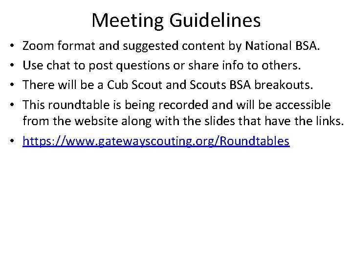 Meeting Guidelines Zoom format and suggested content by National BSA. Use chat to post