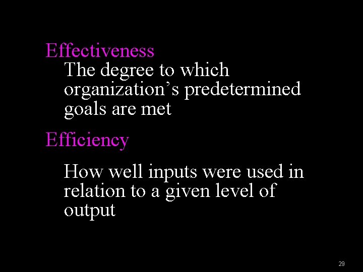 Effectiveness The degree to which organization’s predetermined goals are met Efficiency How well inputs