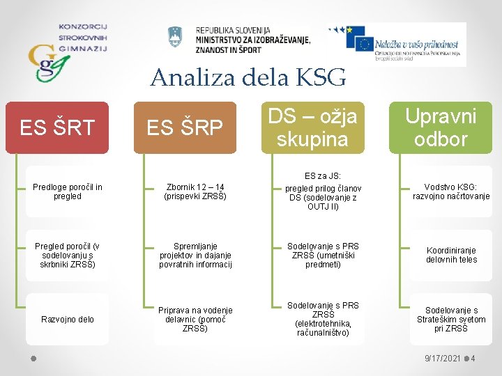 Analiza dela KSG ES ŠRT ES ŠRP DS – ožja skupina Upravni odbor ES