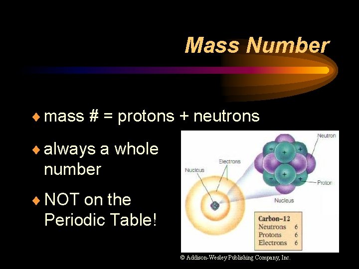 Mass Number ¨ mass # = protons + neutrons ¨ always a whole number