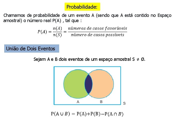 Probabilidade: Chamamos de probabilidade de um evento A (sendo que A está contido no