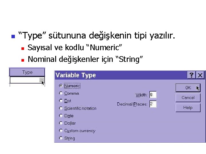 n “Type” sütununa değişkenin tipi yazılır. n n Sayısal ve kodlu “Numeric” Nominal değişkenler