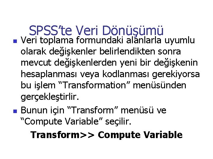 SPSS’te Veri Dönüşümü n n Veri toplama formundaki alanlarla uyumlu olarak değişkenler belirlendikten sonra