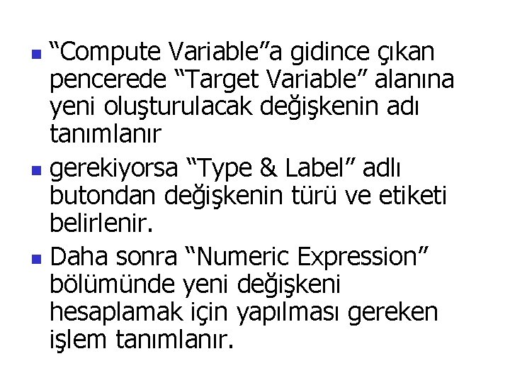 “Compute Variable”a gidince çıkan pencerede “Target Variable” alanına yeni oluşturulacak değişkenin adı tanımlanır n
