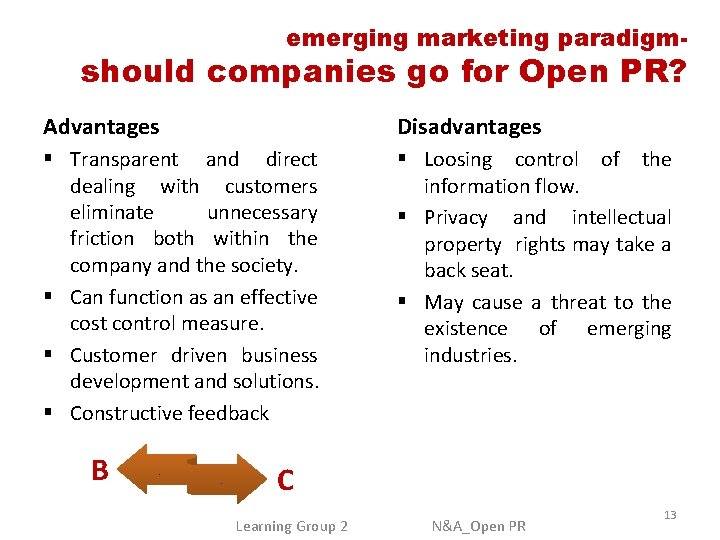 emerging marketing paradigm- should companies go for Open PR? Advantages Disadvantages § Transparent and