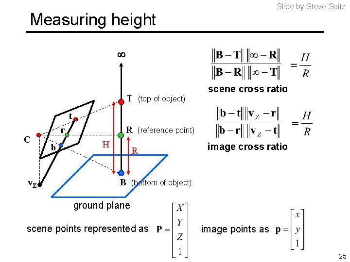 Slide by Steve Seitz Measuring height scene cross ratio T (top of object) R Slide by Steve Seitz Measuring height scene cross ratio T (top of object) R