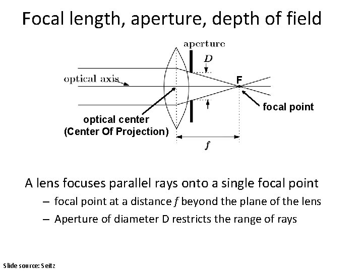 Focal length, aperture, depth of field F focal point optical center (Center Of Projection) Focal length, aperture, depth of field F focal point optical center (Center Of Projection)