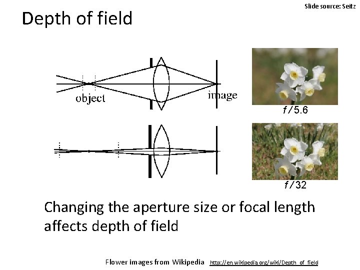 Depth of field Slide source: Seitz f / 5. 6 f / 32 Changing Depth of field Slide source: Seitz f / 5. 6 f / 32 Changing