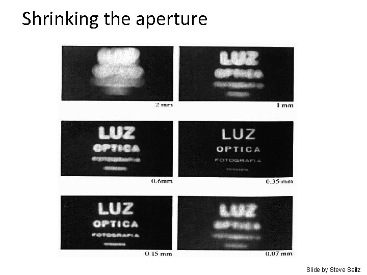 Shrinking the aperture Slide by Steve Seitz Shrinking the aperture Slide by Steve Seitz