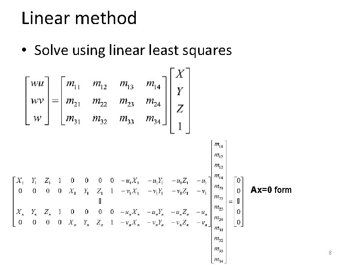 Linear method • Solve using linear least squares Ax=0 form 8 Linear method • Solve using linear least squares Ax=0 form 8