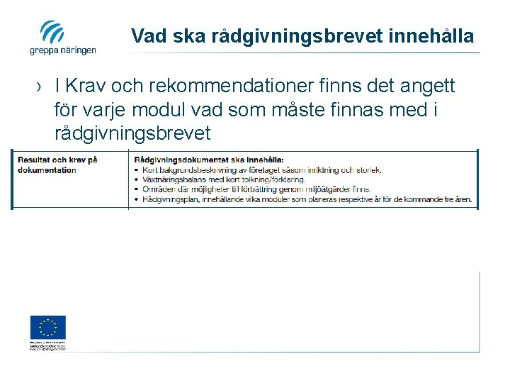 Vad ska rådgivningsbrevet innehålla › I Krav och rekommendationer finns det angett för varje