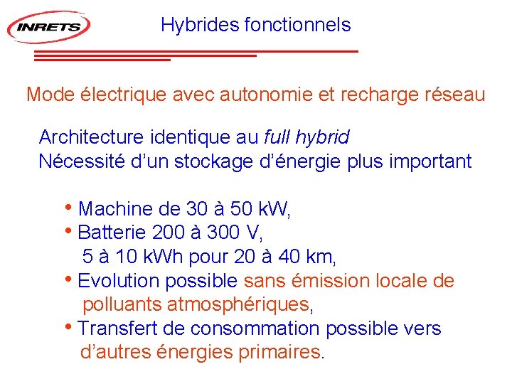 Hybrides fonctionnels Mode électrique avec autonomie et recharge réseau Architecture identique au full hybrid