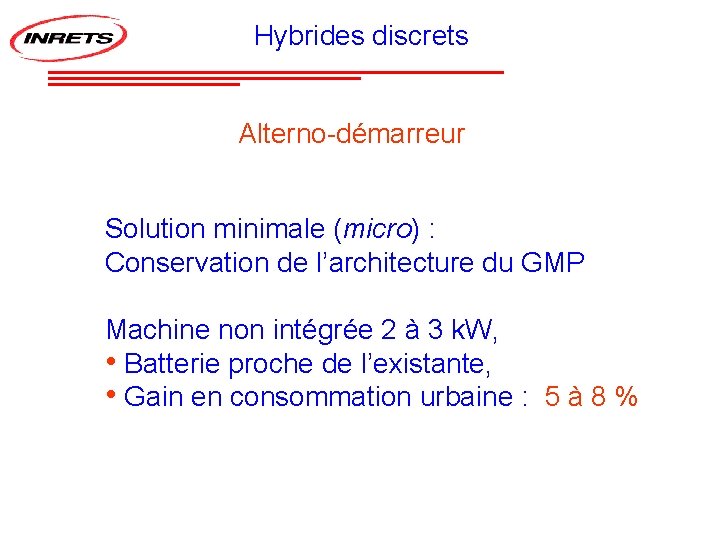 Hybrides discrets Alterno-démarreur Solution minimale (micro) : Conservation de l’architecture du GMP Machine non