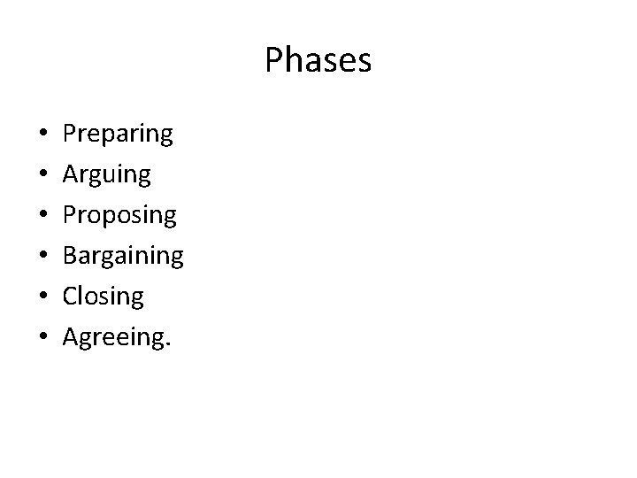 Phases • • • Preparing Arguing Proposing Bargaining Closing Agreeing. 