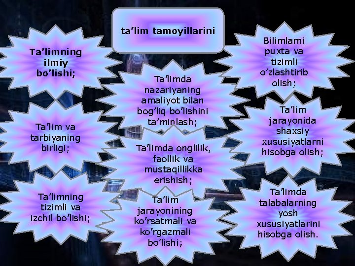 tа’lim tаmоyillаrini Tа’limning ilmiy bo’lishi; Tа’lim vа tаrbiyaning birligi; Tа’limning tizimli vа izchil bo’lishi;