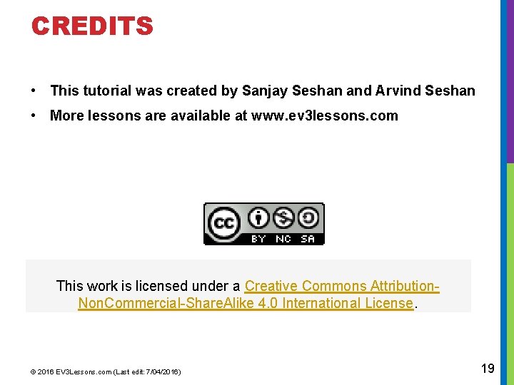 CREDITS • This tutorial was created by Sanjay Seshan and Arvind Seshan • More CREDITS • This tutorial was created by Sanjay Seshan and Arvind Seshan • More