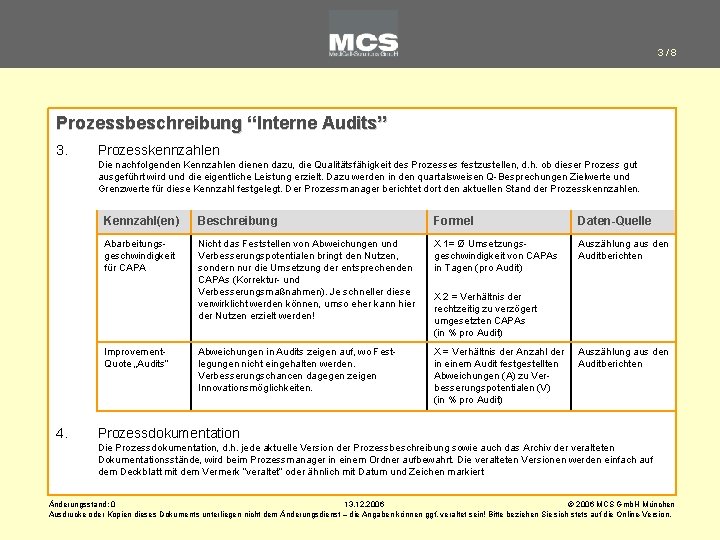 3/8 Prozessbeschreibung “Interne Audits” 3. Prozesskennzahlen Die nachfolgenden Kennzahlen dienen dazu, die Qualitätsfähigkeit des