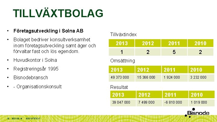 TILLVÄXTBOLAG • Företagsutveckling i Solna AB • Bolaget bedriver konsultverksamhet inom företagsutveckling samt äger