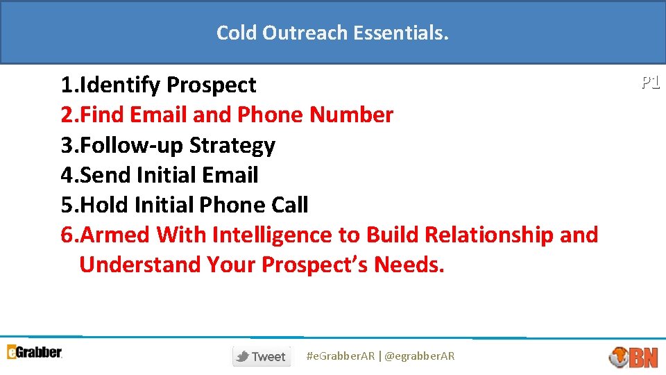 Cold Outreach Essentials. 1. Identify Prospect 2. Find Email and Phone Number 3. Follow-up