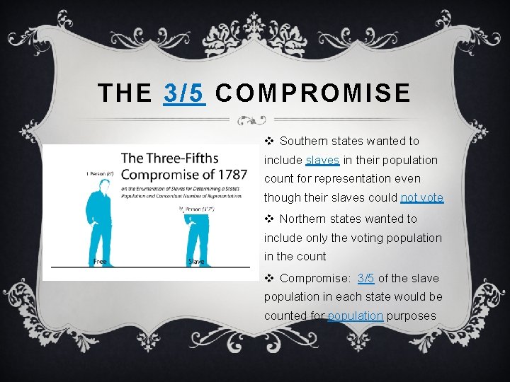 THE 3/5 COMPROMISE v Southern states wanted to include slaves in their population count