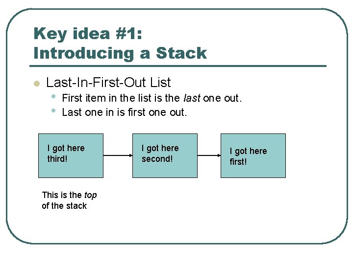 Key idea #1: Introducing a Stack l Last-In-First-Out List • • First item in
