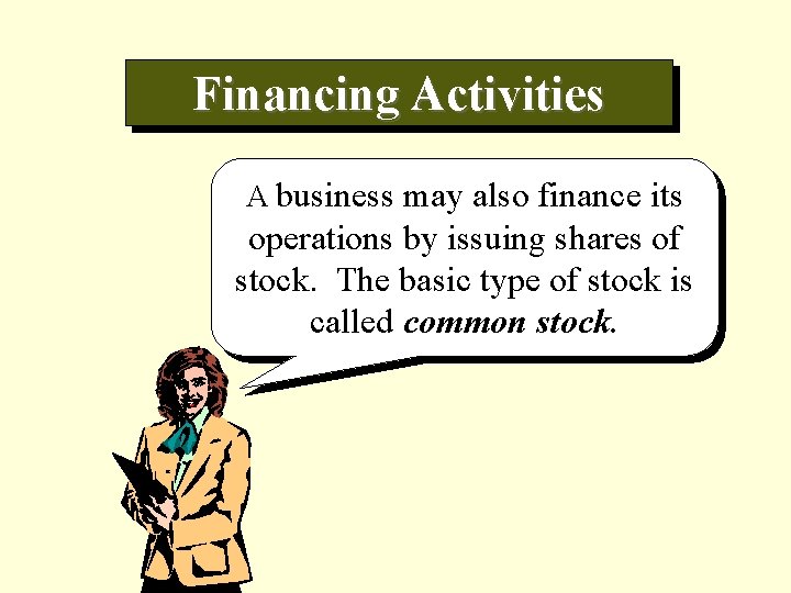 Financing Activities A business may also finance its operations by issuing shares of stock.