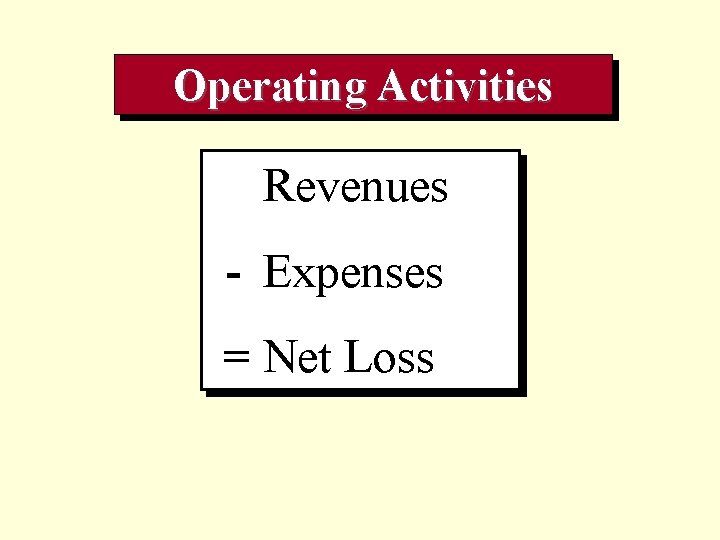 Operating Activities Revenues - Expenses = Net Loss Income 
