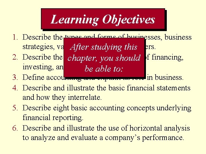 Learning Objectives 1. Describe the types and forms of businesses, business strategies, value. After