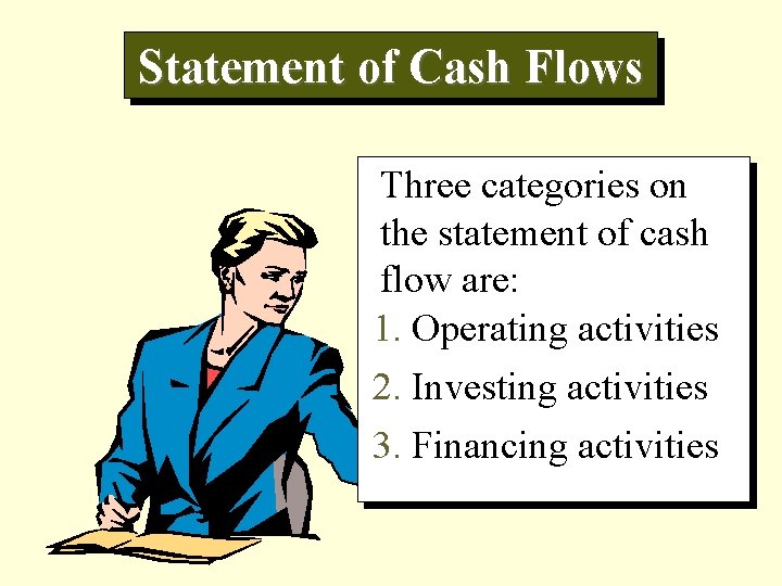 Statement of Cash Flows Three categories on the statement of cash flow are: 1.