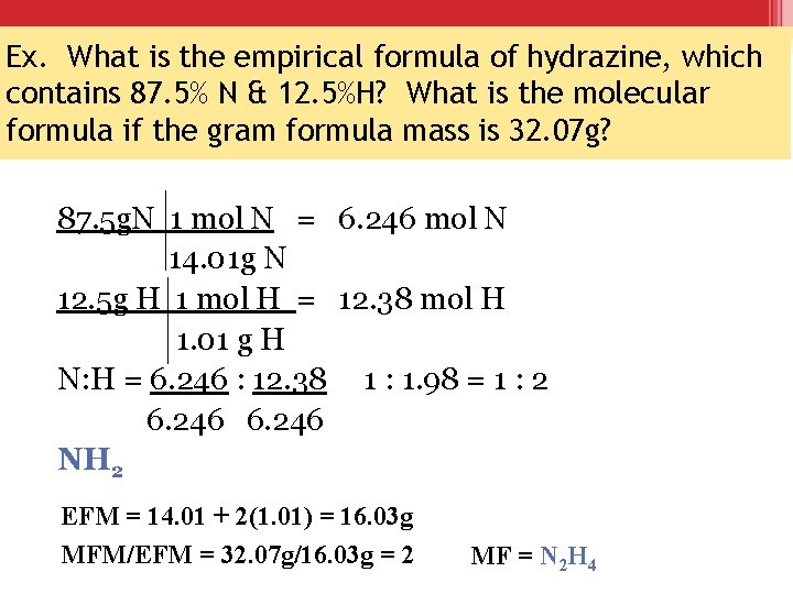Ex. What is the empirical formula of hydrazine, which contains 87. 5% N &