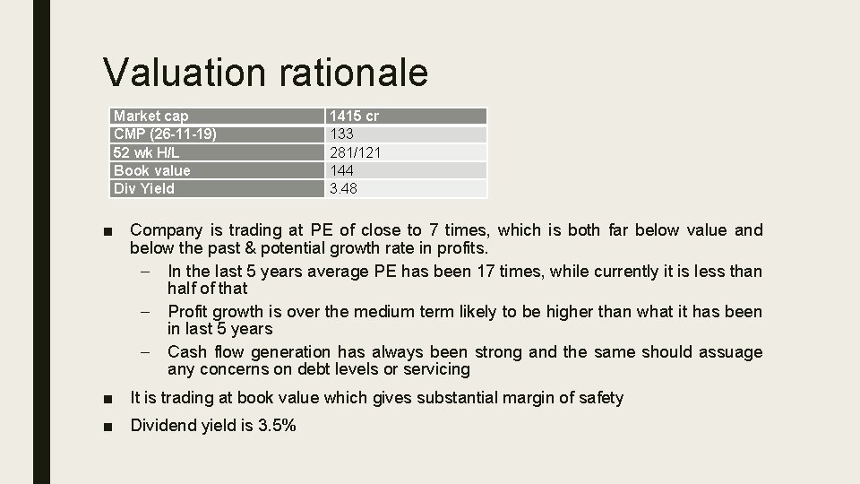 Valuation rationale Market cap CMP (26 -11 -19) 52 wk H/L Book value Div