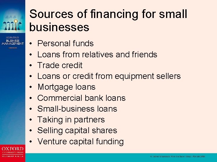 Sources of financing for small businesses • • • Personal funds Loans from relatives