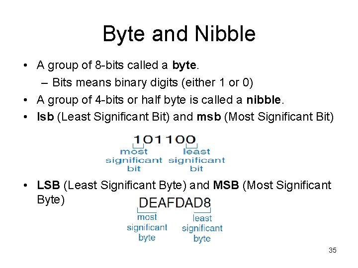 Byte and Nibble • A group of 8 -bits called a byte. – Bits