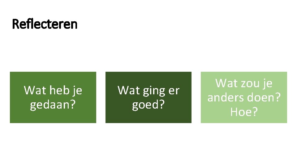 Reflecteren Wat heb je gedaan? Wat ging er goed? Wat zou je anders doen?